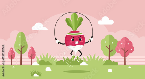 Funny Radish Character Jumping Rope In The Park During Daytime