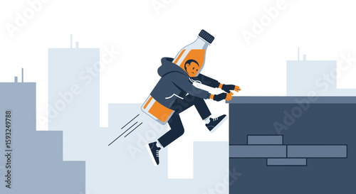 Energetic Man In Bottle Outfit Leaping Across Urban Rooftop In Pursuit Of Drink