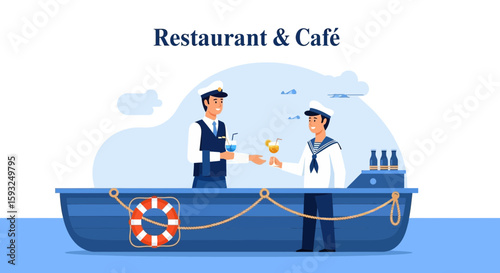 Marine Theme Establishment Two Sailors Serving Drinks On Boat Illustration