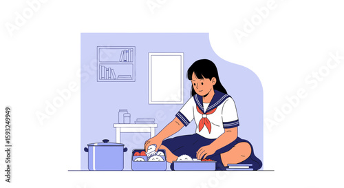 Japanese Schoolgirl Preparing Bento Box Lunch At Home Illustration Style