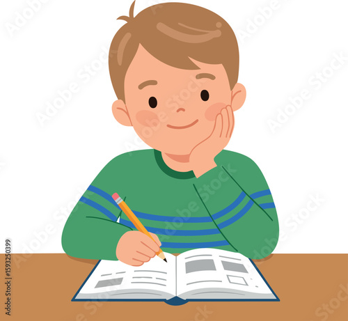 Boy studying with pencil and open book at desk in casual green sweater learning and writing focused on schoolwork