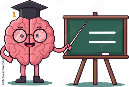 Cartoon brain character wearing graduation cap teaching with pointer and chalkboard vector illustration educational concept