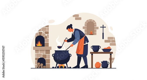 Medieval Kitchen Scene With Cook Preparing A Meal Over Fire In Large Pot
