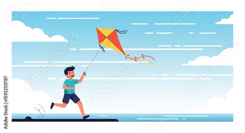 Joyful Boy Runs With Kite On Beach Happy Childhood Recreation Illustration