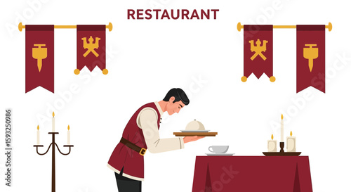 Medieval Restaurant Setting Illustration With Waiter Serving Food And Lit Candles