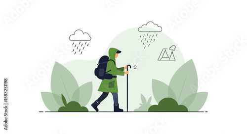Enjoying The Great Outdoors Hiker In Rainy Weather Hiking On A Trail