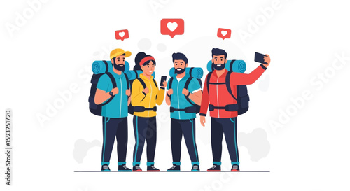 Enthusiastic Hikers Sharing Experience Social Media On Trek Vector Illustration