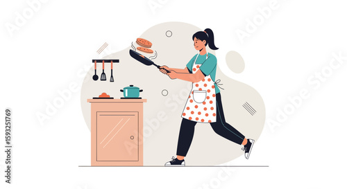 Enthusiastic Woman Tossing Pancakes In The Kitchen With Energy And Confidence