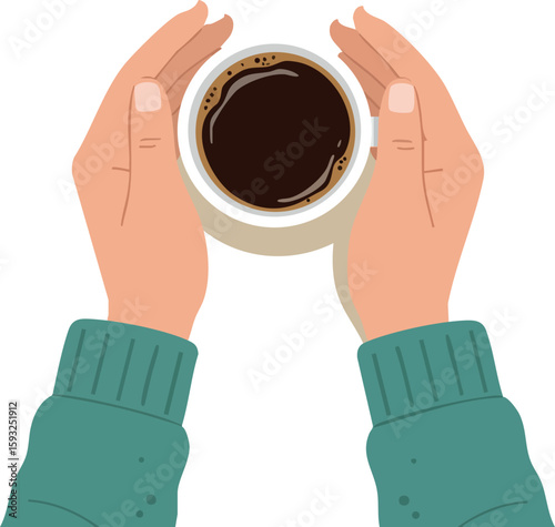 Hands Holding Cup of Coffee with Green Sweater Sleeve Warm Beverage Relaxation Comfort Vector Illustration