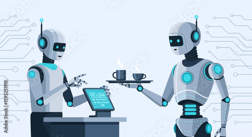Futuristic Robotic Automation Serving Coffee And Managing Digital Tasks In Tech Environment