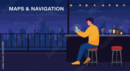 Evening City View with Mobile Navigation App in Modern Urban Landscape