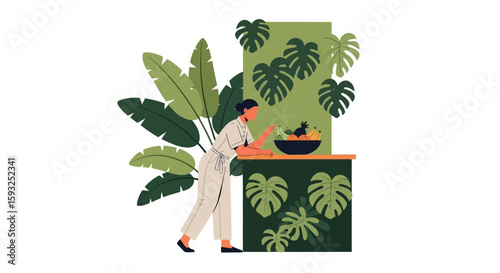 Girl Admiring Exotic Fruits In An Environment With Lush Green Tropical Plants