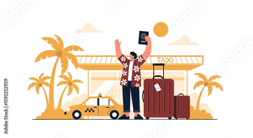 Excited Tourist Arriving At Tropical Destination Airport With Luggage