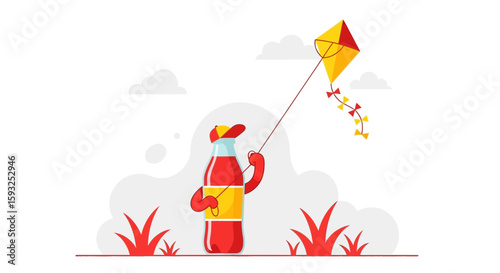 Ketchup Bottle Character Flying A Kite On A Sunny Summer Day Concept