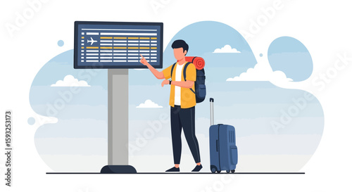 Excited Traveler Checking Flight Information Board At The Airport Before Vacation