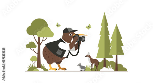 Kiwi Photographer Capturing Wildlife Scenery In Natural Setting With Geometric Elements