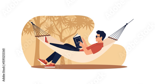 Leisurely Afternoon Reading Man Relaxing In Hammock Under Tree Illustration