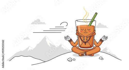 Glass Of Juice In Meditation Pose On Top Of The Mountain Illustration