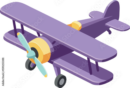 Vintage purple biplane airplane vector illustration with propeller and wheels in isometric style