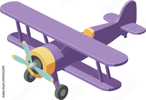 Purple vintage biplane airplane with yellow details and spinning propeller in isometric style vector illustration