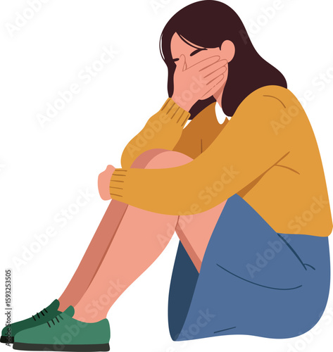 Sad woman sitting on ground covering face with hand wearing yellow sweater and blue skirt vector illustration