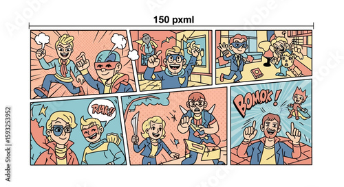 Exciting Comic Book Panel With Superheroes And Action In Dynamic Scenes On A White Background