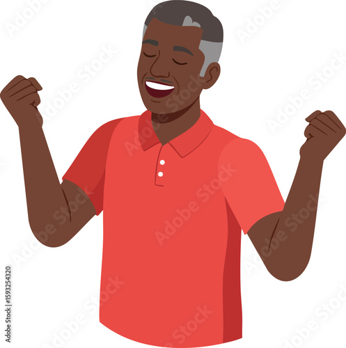Happy middle aged man celebrating success with raised fists wearing red polo shirt smiling with eyes closed vector illustration