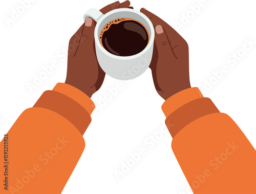 Hands holding hot coffee cup in orange sleeves vector illustration for cozy beverage moment and warm drink enjoyment