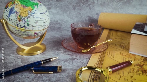 Studying Antique Map with Tea Globe Books and Magnifying Glass
