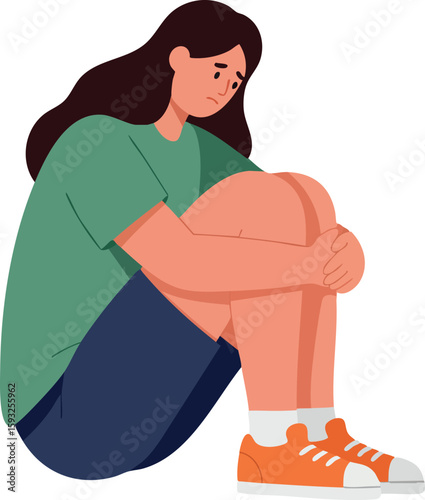 Sad young woman sitting on floor hugging knees wearing green shirt and orange sneakers vector illustration