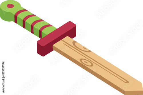 Wooden toy sword with green and red handle design vector illustration for children play and fantasy role play