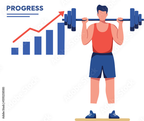Man lifting barbell showing progress with rising graph for fitness improvement and strength training motivation