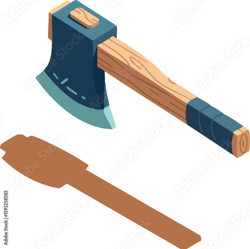Axe tool with wooden handle and metal blade casting shadow in isometric style vector illustration