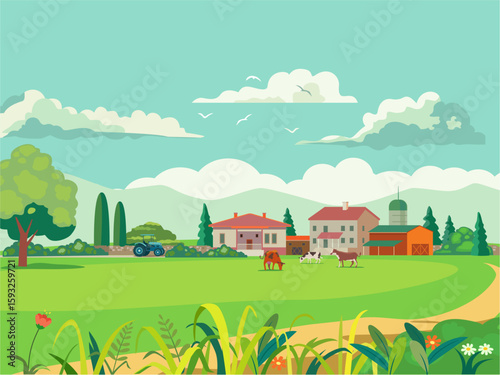 Village life spring season farmhouse and cows.