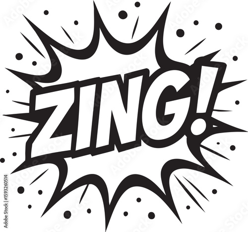 Retro comic book style explosion bubble with the word Zing! A black and white pop art graphic illustration.