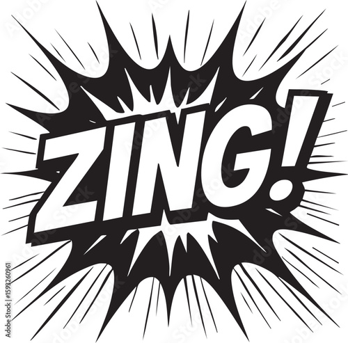 Monochrome comic book sound effect with the word Zing. Pop art style explosion graphic on a white background.