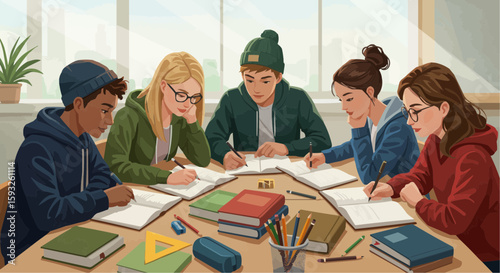 Group of students studying together at table with books and notes - Concept of Kids went to school  