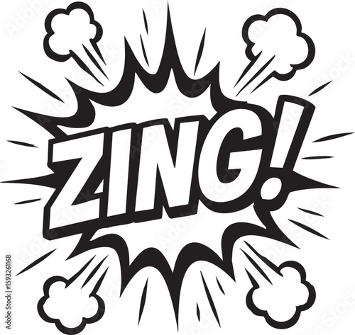 Zing comic book sound effect illustration. A black and white pop art explosion concept for expressing energy and surprise.