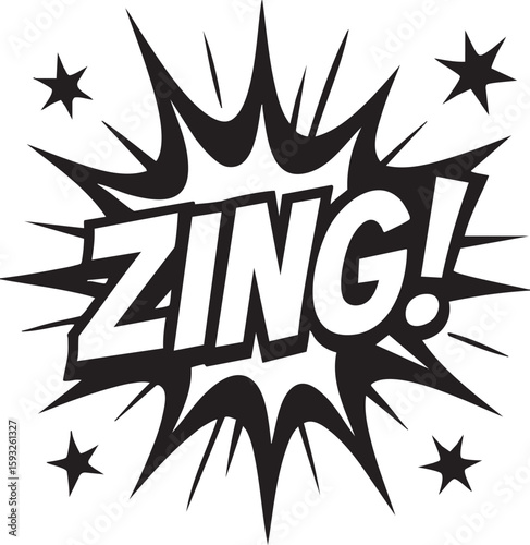 Zing comic book onomatopoeia sound effect in a pop art explosion bubble with stars, black and white vector illustration.