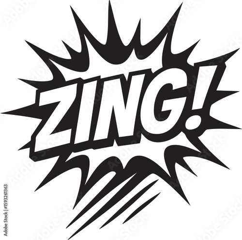 Retro comic book style explosion graphic with the onomatopoeia word Zing! A black and white sound effect for surprise or action.