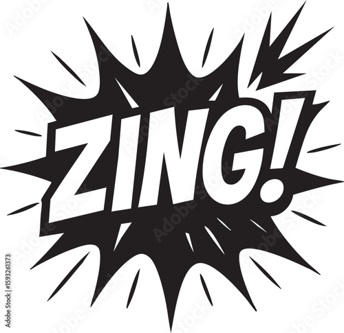 Zing word in a comic book style explosion. Black and white pop art sound effect for a witty remark or energetic punchline.
