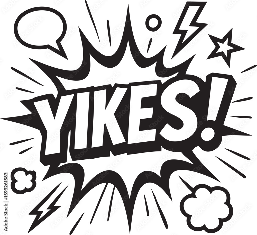 Obraz premium Yikes comic book style exclamation in a pop art explosion bubble. Retro black and white graphic for expressing shock or surprise.