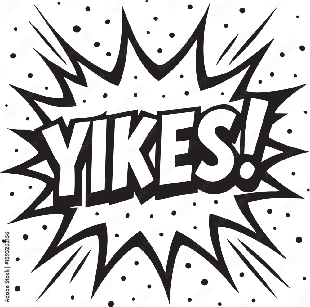 Obraz premium Monochrome graphic of the interjection 'Yikes!' in a retro comic book pop art explosion. Vector illustration for expressing shock, surprise, or embarrassment.