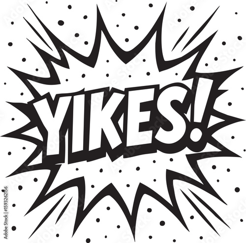 Monochrome graphic of the interjection 'Yikes!' in a retro comic book pop art explosion. Vector illustration for expressing shock, surprise, or embarrassment.