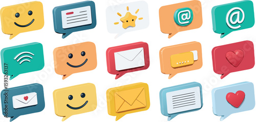 Collection of colorful speech bubble icons representing various communication and social media concepts