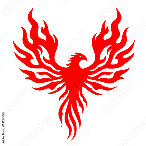 Stylized red phoenix icon with flames representing rebirth and transformation on transparent background