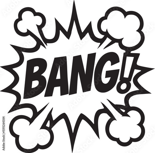 Bang! comic book sound effect in a pop art style. Black and white explosion bubble with text for a dramatic impact concept.