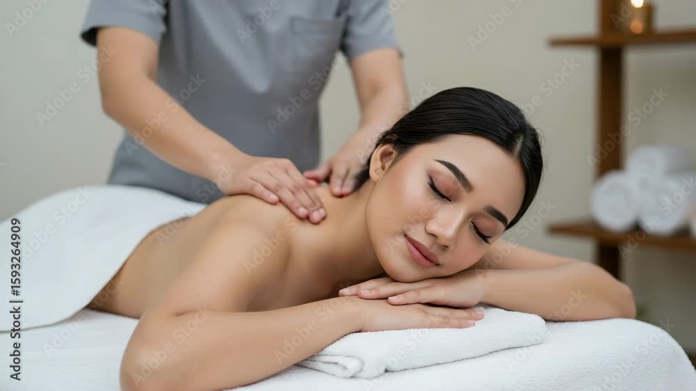 Young Woman Relaxing and Receiving Professional Back Massage in Tranquil Spa Environment Looking at Camera Young Woman Relaxing and Receiving Professional Back Massage in Tranquil Spa Environment Looking at Camera