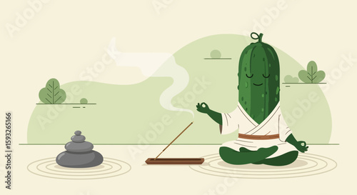 Mindful Meditating Cucumber Achieving Serenity In Tranquil Zen Garden Illustration