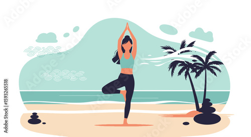 Mindful Woman Practicing Tree Pose On Tropical Beach Under Palm Trees At Sunset